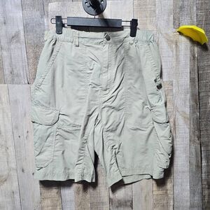 REI Nylon Cargo Shorts Beige Flexible Waistband 9 Pocket Size Large Utility Outd